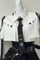 White/Black [Moonlight Flowing] Long/Short Sleeves Ruffled Asymmetric Gothic Jirai Kei Skirt Set - Short-Sleeved Blouse - 12