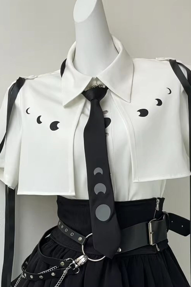 White/Black [Moonlight Flowing] Long/Short Sleeves Ruffled Asymmetric Gothic Jirai Kei Skirt Set - Short-Sleeved Blouse - 12