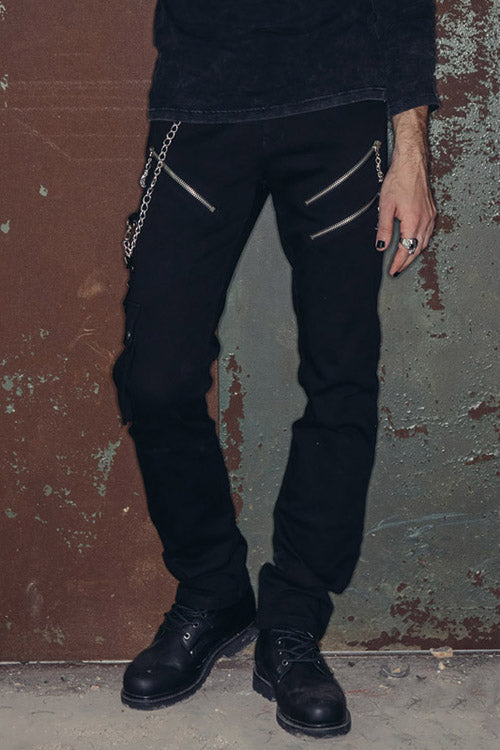 Black Punk Rock Zipper With Chains Mens Pants - Black - 1