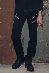 Black Punk Rock Zipper With Chains Mens Pants - Black - 1