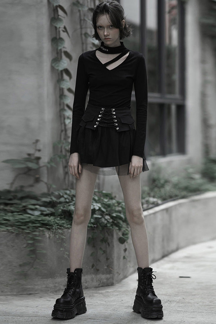 Black Binding Mesh Plaid High Waist Women's Steam Punk Skirt - Product - 2