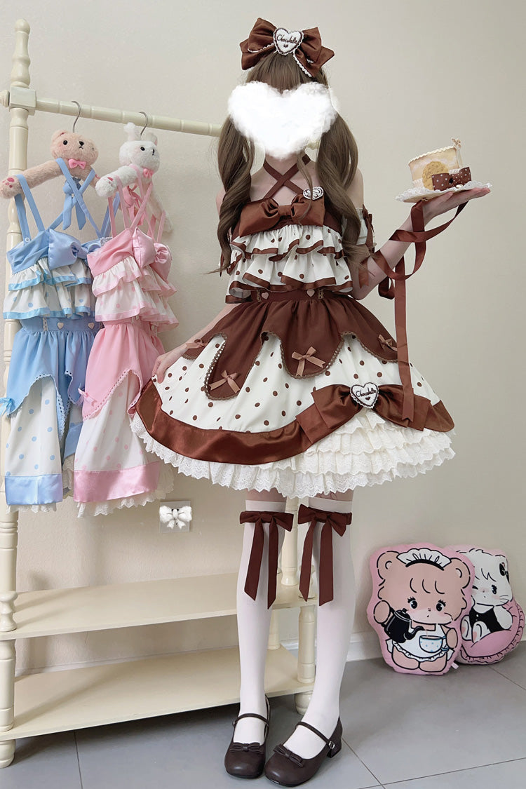 Chocolate Brown Cream Multi-Layered Polka Dots Print Ruffle Bowknot Sweet Lolita Jsk Dress - Product - 2