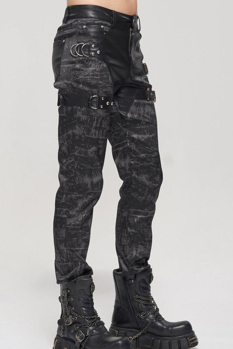 Black Punk Do Old Print Detachable Multi-Pocket Splicing Metal Rivet Decoration Men's Long Pants - Product - 2