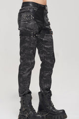 Black Punk Do Old Print Detachable Multi-Pocket Splicing Metal Rivet Decoration Men's Long Pants - Product - 2