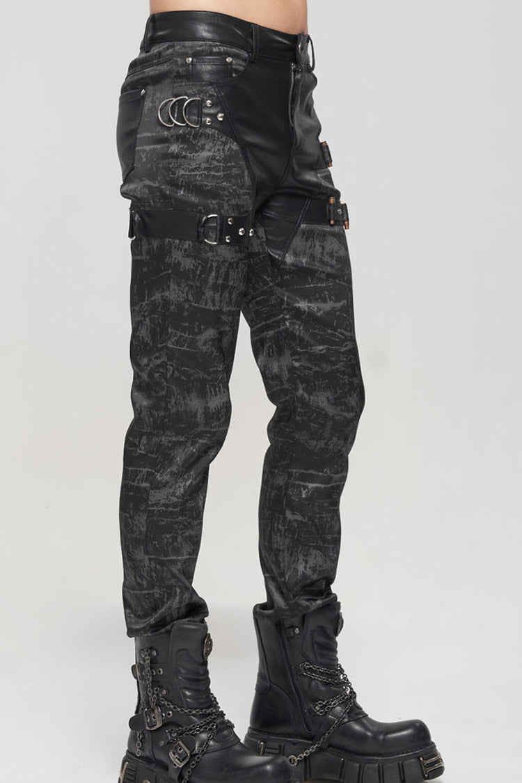 Black Punk Do Old Print Detachable Multi-Pocket Splicing Metal Rivet Decoration Men's Long Pants - Product - 2