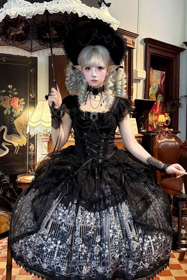 Black [Sacred Thorn Feather Relic] Square Collar Short Sleeves Printed Ruffled Open-Front Bow Lace Gothic Lolita Dress - Product - 6