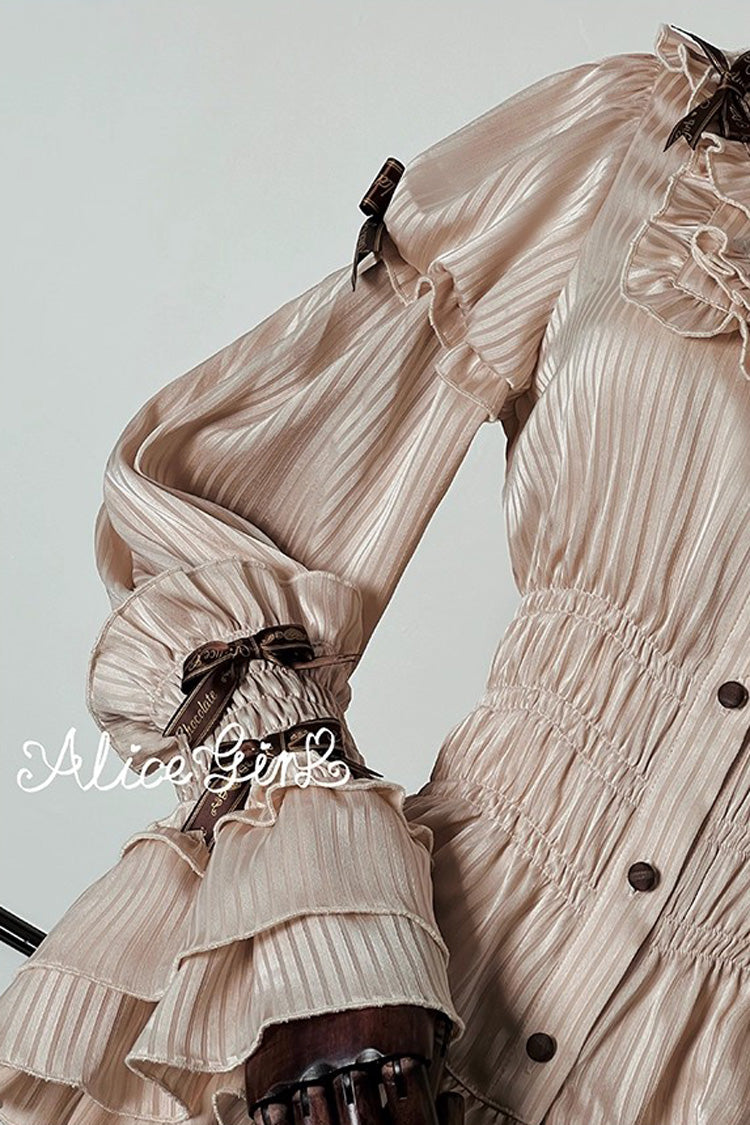 [Teddy Bear Chocolate] Round Collar Long Trumpet Sleeves Ruffle Bowknot Sweet Lolita Blouse 3 Colors - Product - 10