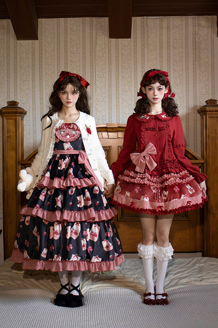 White/Pink [Bell Strawberry Farm] Print Long Sleeves Triple-Layered Ruffle Sweet Lolita Dress - Product - 3