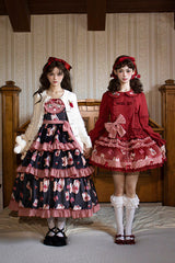 White/Pink [Bell Strawberry Farm] Print Long Sleeves Triple-Layered Ruffle Sweet Lolita Dress - Product - 3