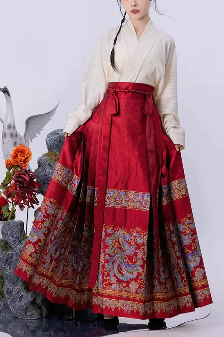 Red Chinese Style Print High Waisted Womens Hanfu Skirt - Red - 1