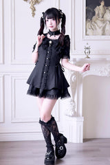 Black [Waltz] Short Sleeves Ruffle Bowknot Gothic Jirai Kei Japanese Dress Set - Product - 2