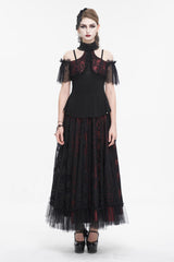 Black/Red Off Shoulder Lace Round Collar Splice Women's Gothic Shirt - Product - 5