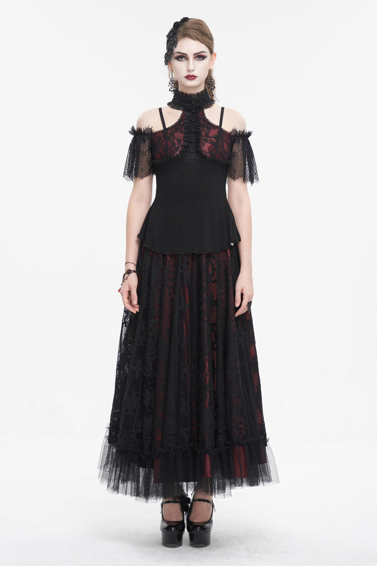 Black/Red Off Shoulder Lace Round Collar Splice Women's Gothic Shirt - Product - 5