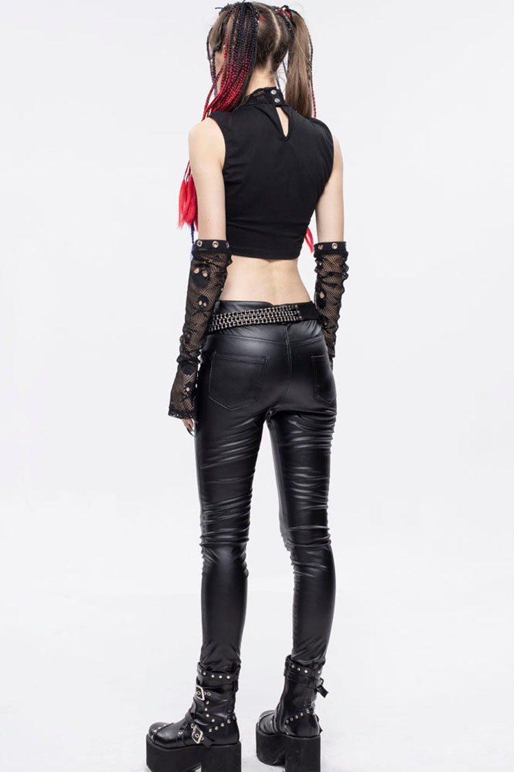 Black Gothic Cotton Knitted Fabric Fake Two-Piece Small Stand Up Collar Patchwork Skull Mesh Super Short Women's Vest - Product - 10