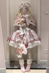 Pink [Cat Dessert House] Print Ruffle Bowknot Sweet Lolita Jsk Dress Set - Product - 5