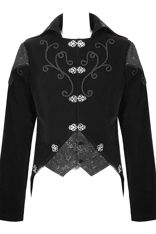 Black Vintage Fake Two Pieces Embroidered Velvet Gothic Mens Coat - Product - 4