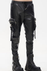 Black Punk Leather Metal Rivets Zipper Stereoscopic Side Pockets Men's Pants - Product - 5