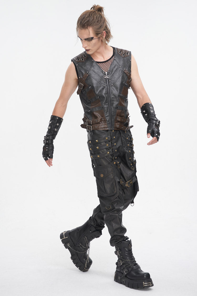Black Studded Faux Leather Men's Punk Vest - Product - 4