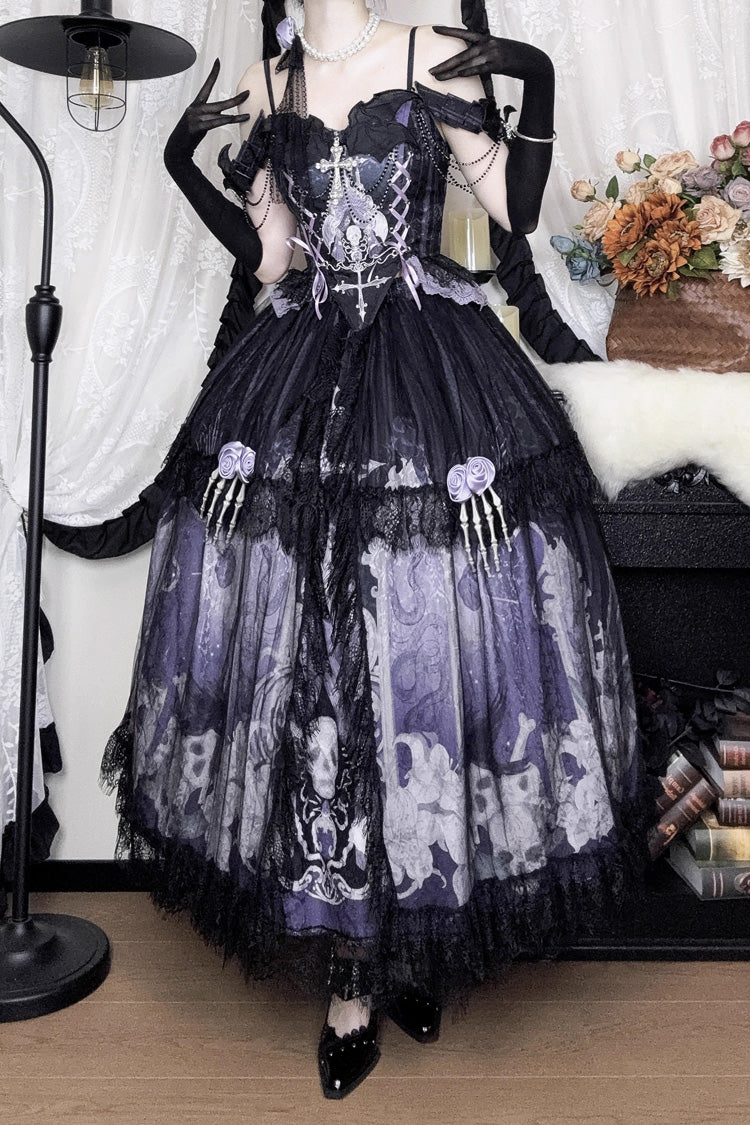 Black/Blue [Skull Magic] Print Ruffle Bowknot Gothic Elegant Lolita Skirt Two-Piece Set - Product - 2