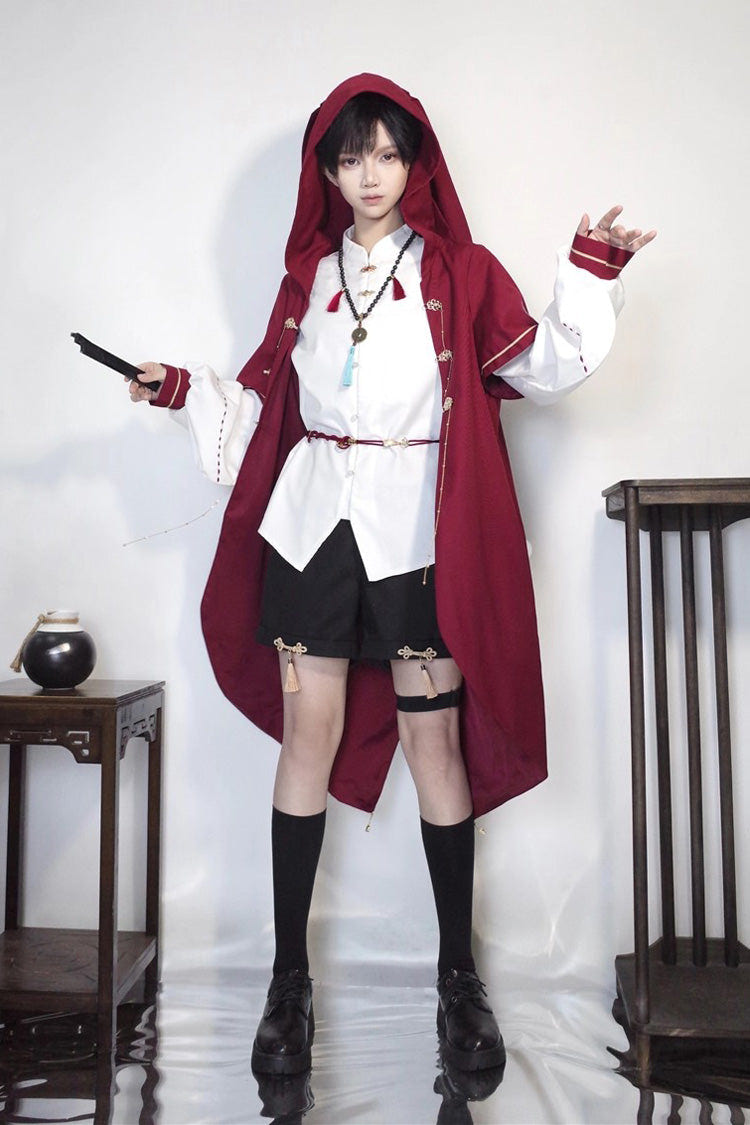 Red/White/Black Stand Collar Long Sleeves Rabbit Ears Hooded Sweet Chinese Style Prince Ouji Lolita Robe Blouse Shorts Set - Product - 5