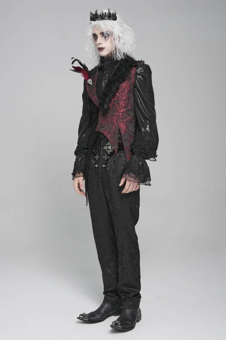Black Long Sleeves Rose Print Irregular Contrast Color Men's Gothic Vest with Detachable Feather Accessory - Product - 5