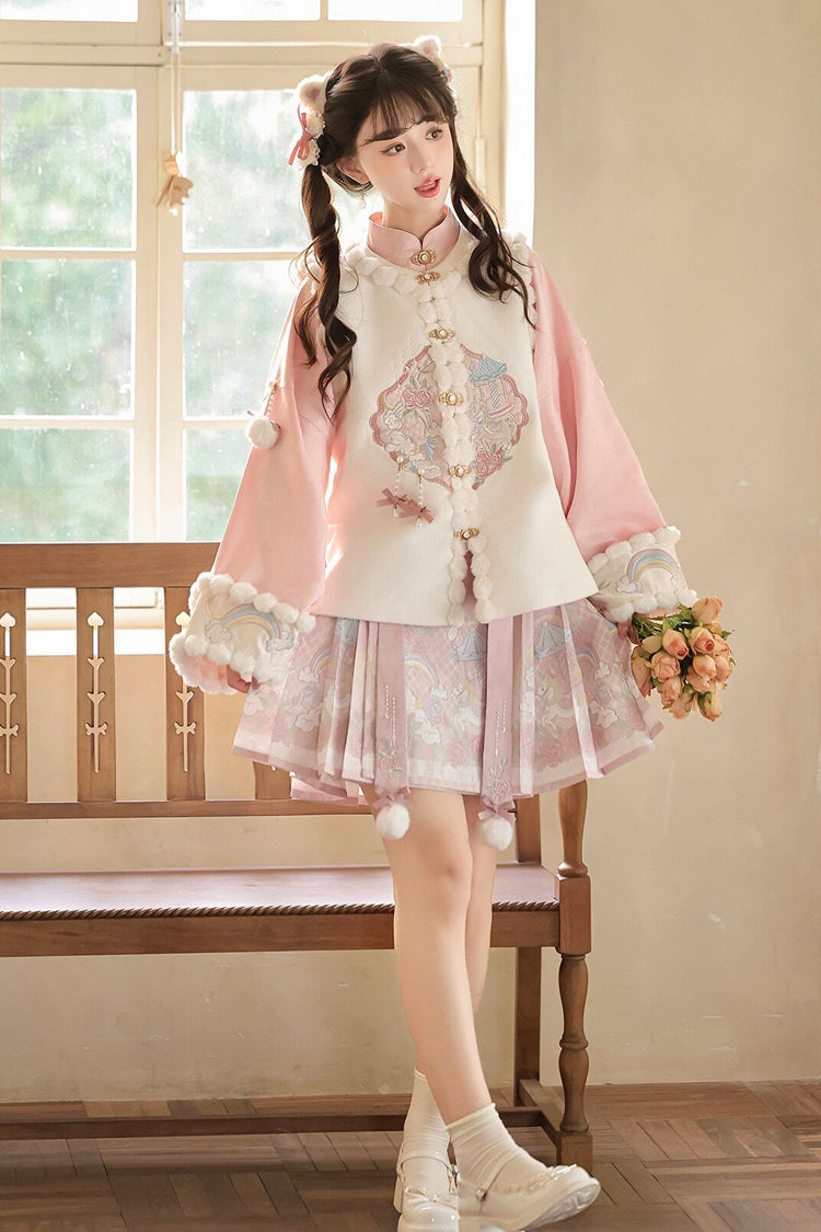 White/Pink [Miracle Pony] Round Collar Long Sleeves High Waisted Printed Women's Sweet Hanfu Dress Set - Product - 3