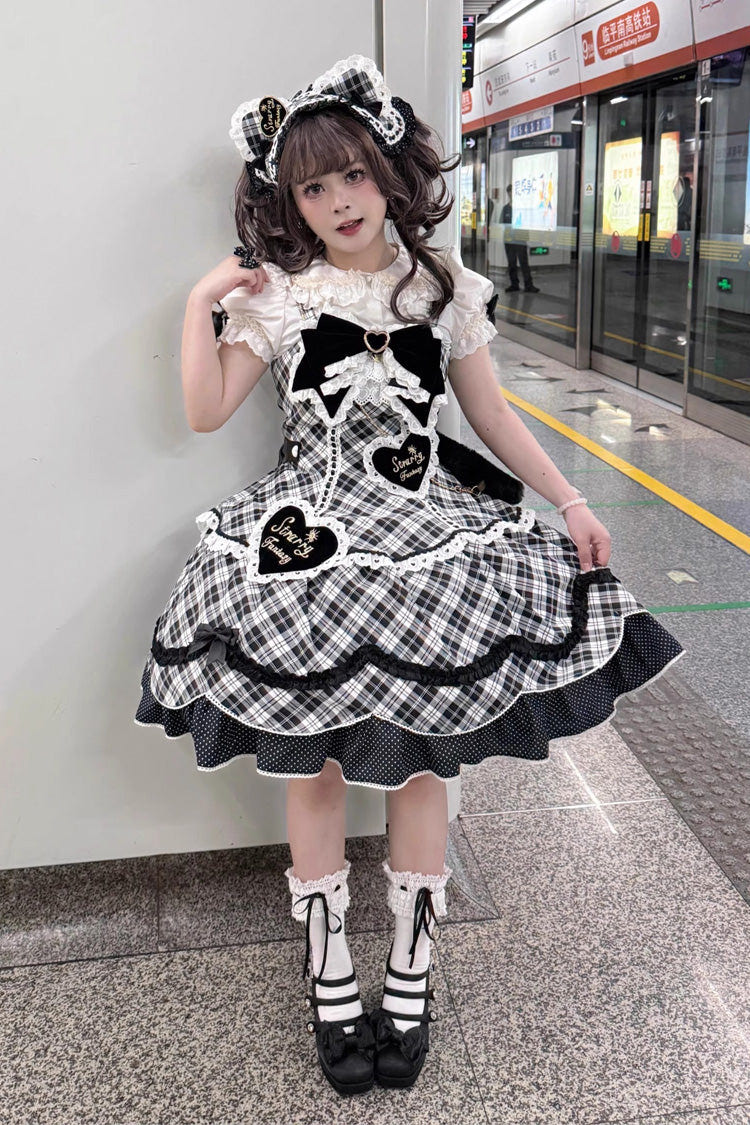 Black/White [Shibuya Sweetheart] Sleeveless Plaid Print Ruffle Bowknot Sweet Lolita Jsk Dress (Plus Size Support) - Product - 5