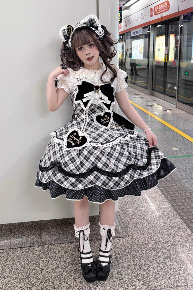 Black/White [Shibuya Sweetheart] Sleeveless Plaid Print Ruffle Bowknot Sweet Lolita Jsk Dress (Plus Size Support) - Product - 5