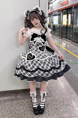 Black/White [Shibuya Sweetheart] Sleeveless Plaid Print Ruffle Bowknot Sweet Lolita Jsk Dress (Plus Size Support) - Product - 5