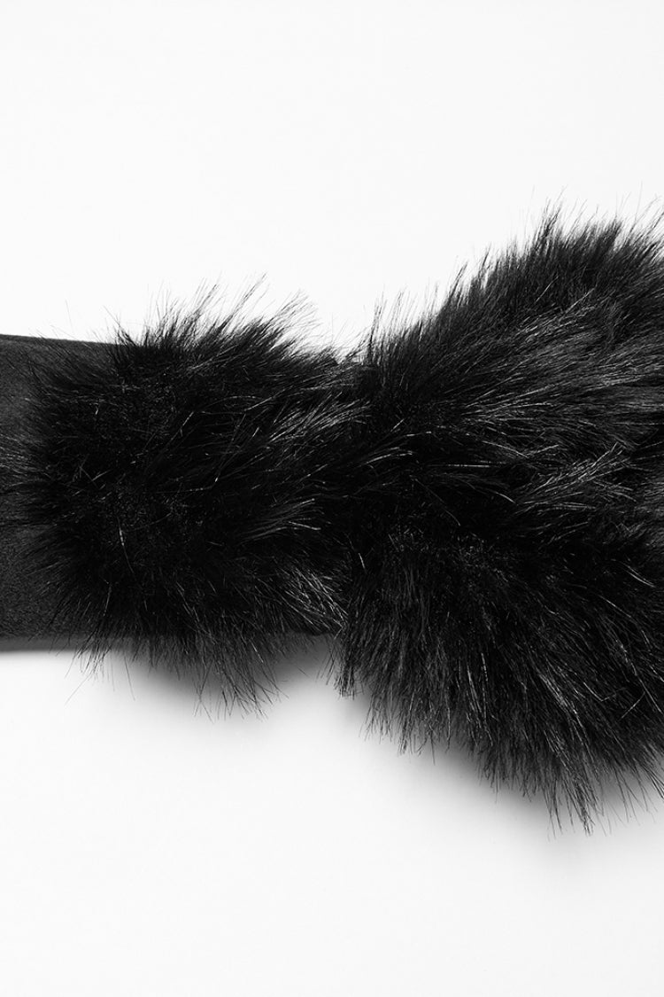 Black Long Sleeves Faux Fur Stitching Lace-Up Detachable Women's Gothic Coat - Product - 8
