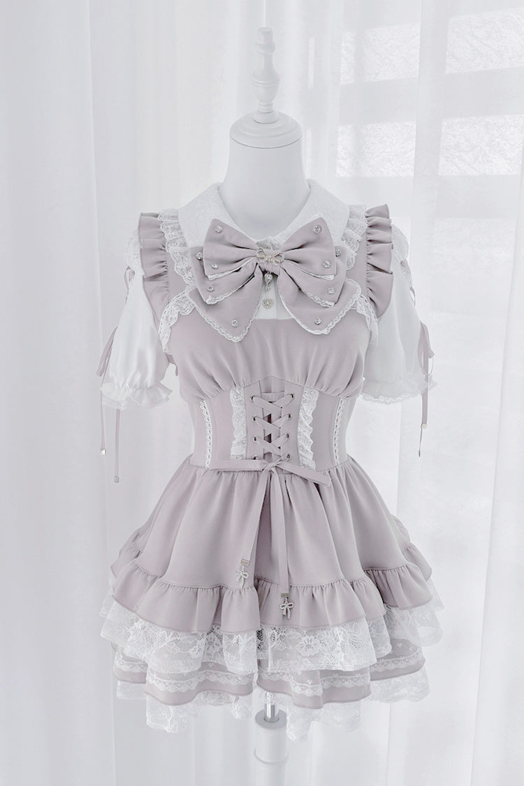 [Heart Key Treasure Box] Lapel Collar Short Sleeves Printed Ruffled Bow Lace-Up Japanese Jirai Kei Dress Shorts Set 3 Colors - Pink/White(Set) - 6