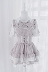[Heart Key Treasure Box] Lapel Collar Short Sleeves Printed Ruffled Bow Lace-Up Japanese Jirai Kei Dress Shorts Set 3 Colors - Pink/White(Set) - 6