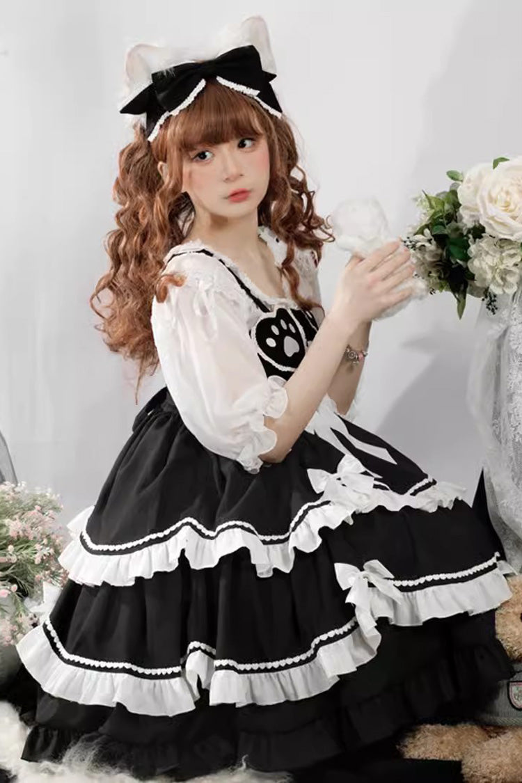Black/White Bear Paw Print Ruffle Bowknot Sweet Princess Lolita Jsk Dress - Product - 3