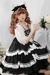 Black/White Bear Paw Print Ruffle Bowknot Sweet Princess Lolita Jsk Dress - Product - 3