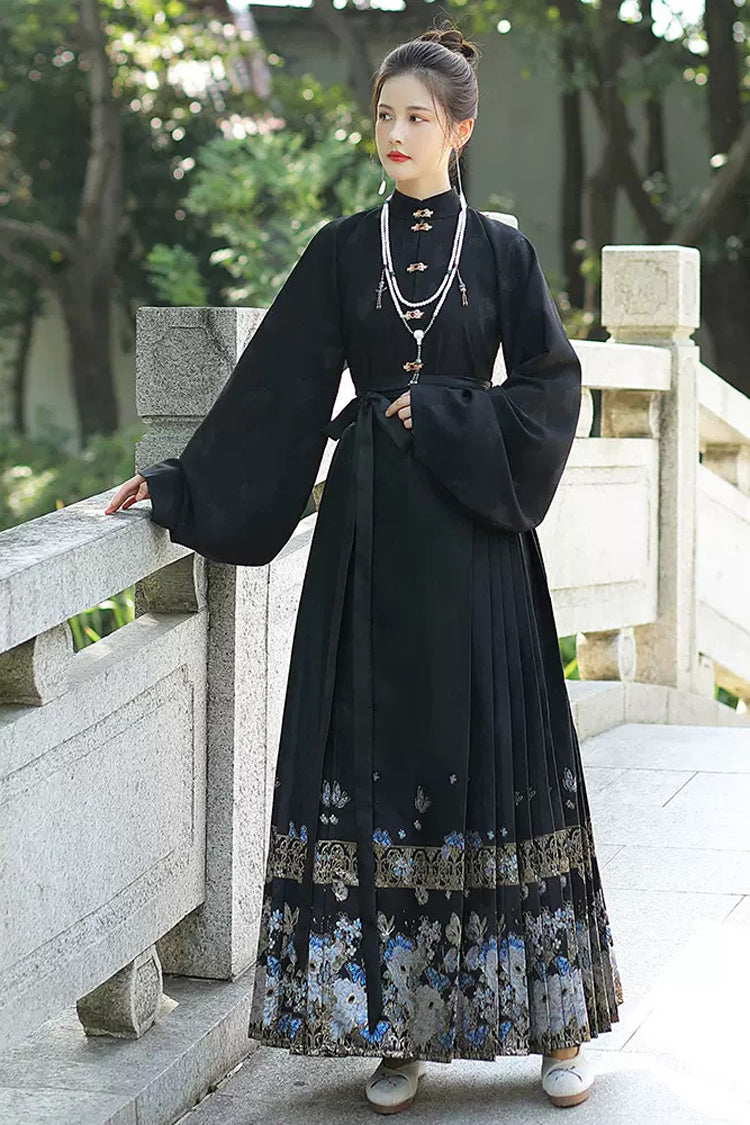 Black Stand Collar High Waisted Print Women's Classic Chinese Style Hanfu Skirt With Blouse - Product - 2