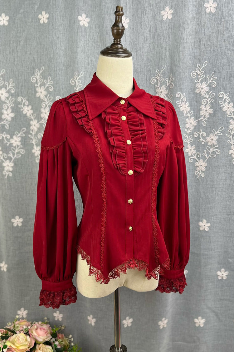 [Late Night] Lapel Collar Long Sleeves Ruffle Lace Slim Sweet Lolita Blouse 6 Colors - Product - 13