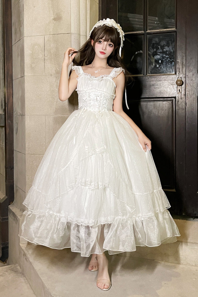 White [Moonlight Sonata] Ruffle Cardigan Bowknot Lace Sweet Vintage Lolita Jsk Dress - White - 1