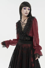 Red Thin Waist Plaid Stitching Layered Lace Long Sleeves Women's Gothic Shirt - Product - 2