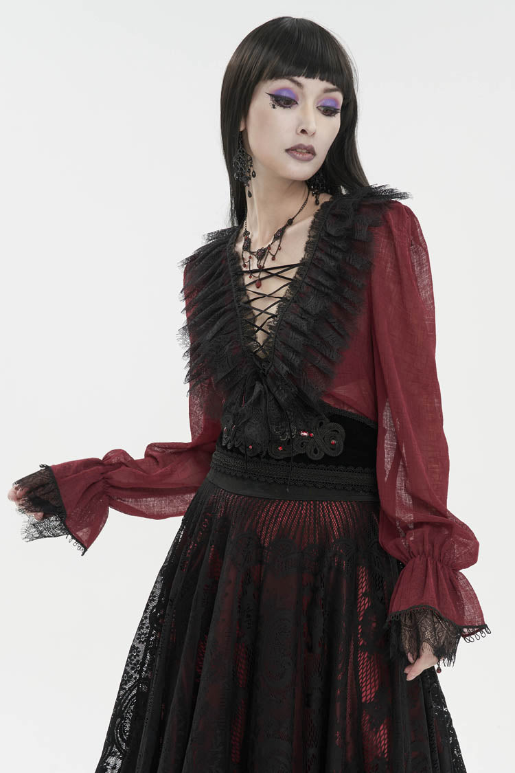 Red Thin Waist Plaid Stitching Layered Lace Long Sleeves Women's Gothic Shirt - Product - 2