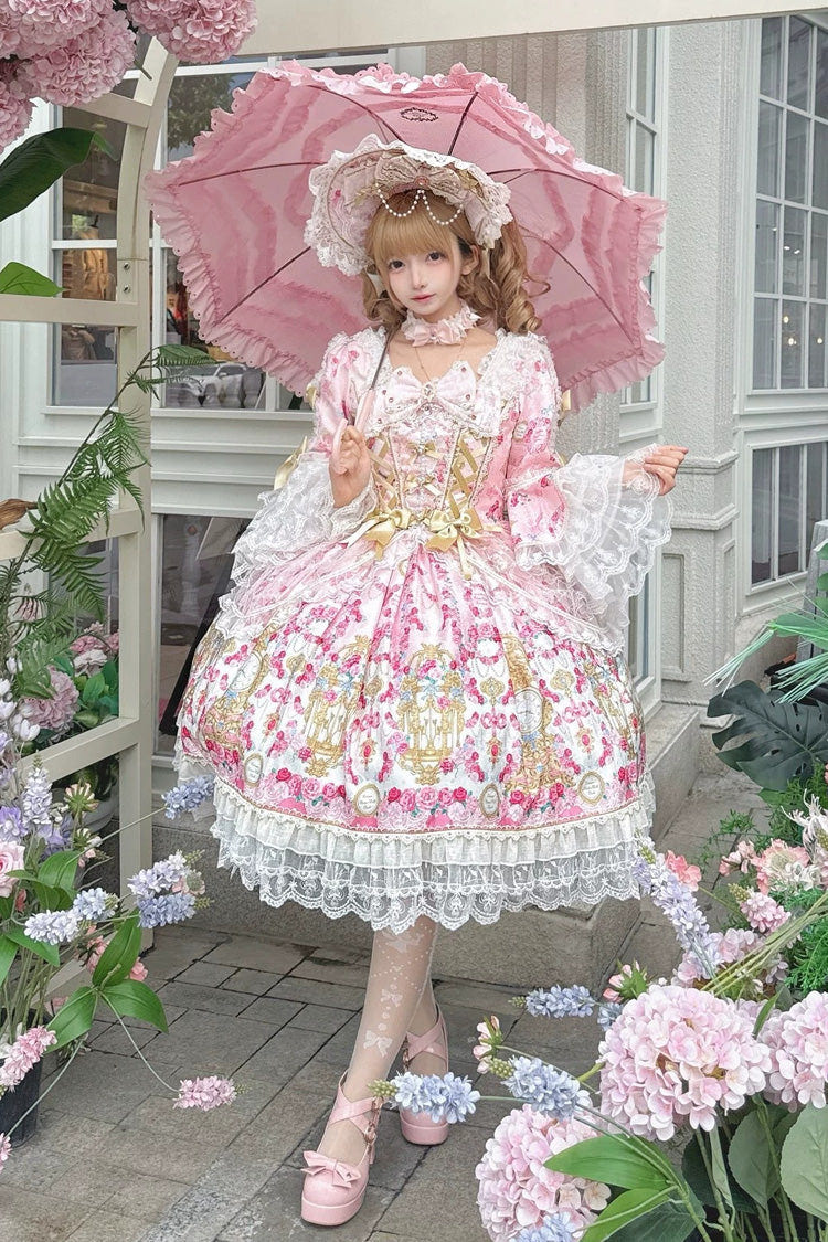 Pink [Rose Garden Prelude] Square Collar Long Trumpet Sleeves Printed Ruffled Bow Lace Lace-Up Sweet Lolita Dress - Pink - 1