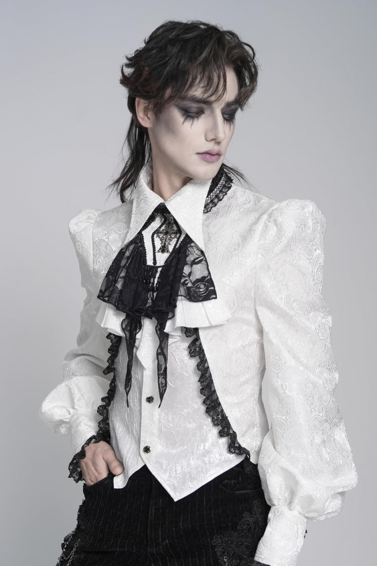 White Jacquard Lace Men's Gothic Royal Cross Beaded Neckwear - Product - 4