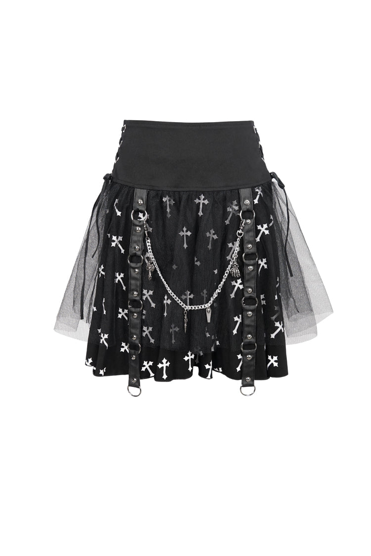 Black/White Knitted Fabric Cross Print Side Waist Straps Detachable Metal Chain Women's Punk Skirt - Product - 5