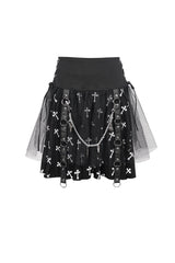 Black/White Knitted Fabric Cross Print Side Waist Straps Detachable Metal Chain Women's Punk Skirt - Product - 5