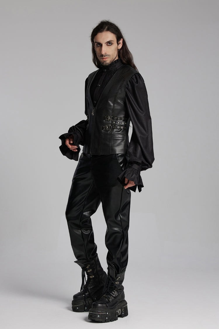 Black V Collar Sleeveless Buckle-up Zip Men's Gothic Vest - Product - 5