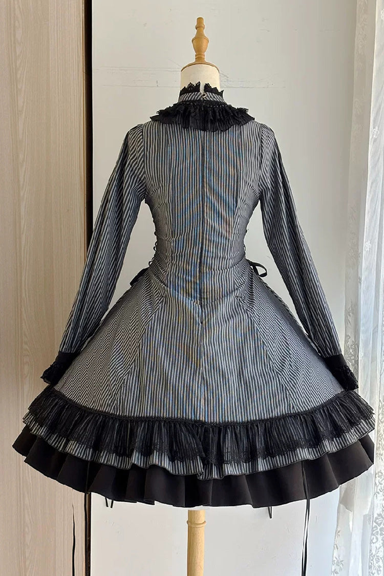 Black [Point Manor] Stand Collar Long Sleeves Multi-Layered Striped Printed Ruffled Lifted Hem Bow Gothic Lolita Dress - Product - 8