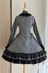 Black [Point Manor] Stand Collar Long Sleeves Multi-Layered Striped Printed Ruffled Lifted Hem Bow Gothic Lolita Dress - Product - 8