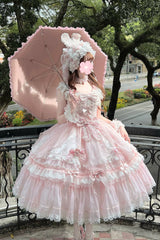 Pink [Sakura Bunny Ballad] Square Collar Flutter Sleeves Jacquard Ruffled Bow Lace Sweet Elegant Luxurious Long Lolita Jsk Dress - Product - 9