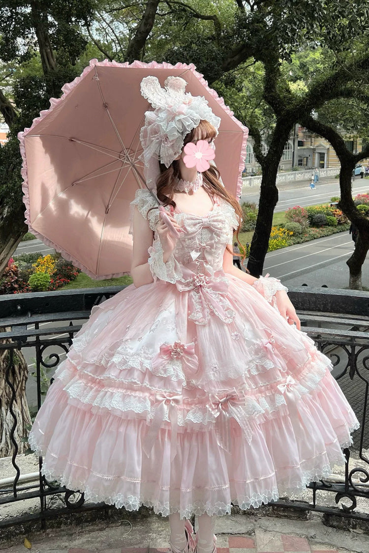 Pink [Sakura Bunny Ballad] Square Collar Flutter Sleeves Jacquard Ruffled Bow Lace Sweet Elegant Luxurious Long Lolita Jsk Dress - Product - 9