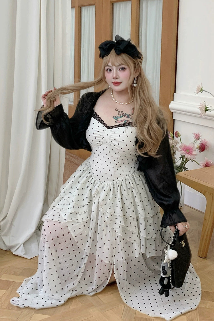 Black/White Square Collar Sleeveless Polka Dot Printed Ruffled Lace Sweet Plus Size Lolita Jsk Dress - Product - 8