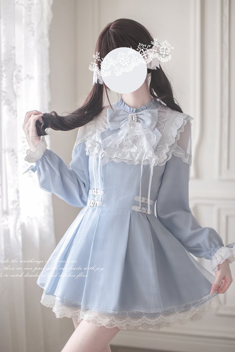 Aqua [Angel Heartbeat] Long Sleeves Bowknot Lace Sweet Jirai Kei Japanese Dress - Aqua - 1